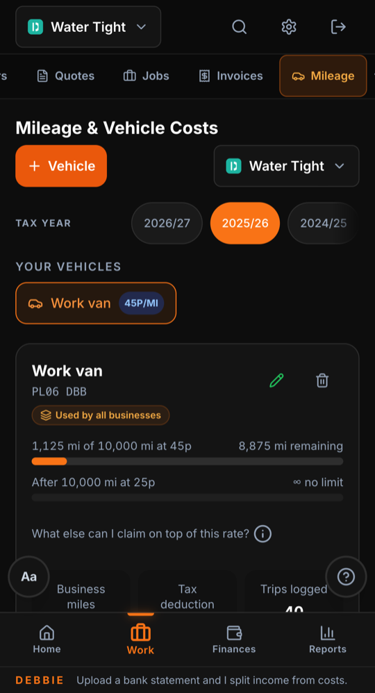 Debbie's Mileage screen for a plumbing business, with Quotes, Jobs and Invoices tabs above and a work van with 1,125 of 10,000 business miles used in the 2025/26 tax year