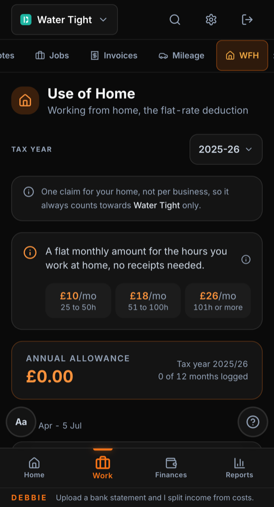 Debbie's Use of Home screen showing the £10, £18 and £26 monthly flat rates by hours worked at home