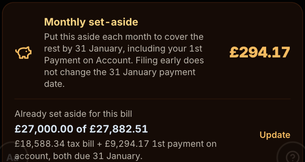 Debbie's Monthly set-aside card showing an amount to put aside each month to cover the bill and the first payment on account by 31 January