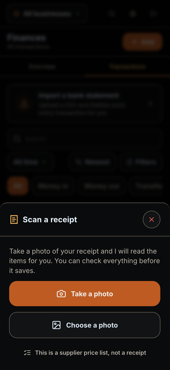 Debbie's Scan a receipt sheet with Take a photo and Choose a photo buttons, saying it reads the items for you and you check everything before it saves